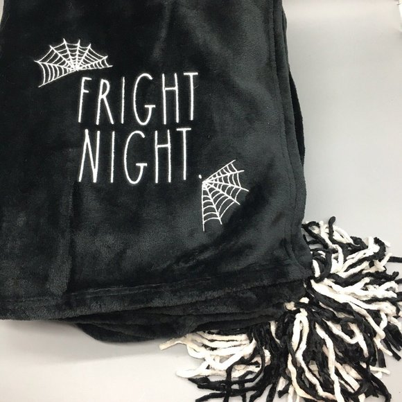 Rae Dunn Halloween FRIGHT NIGHT Fleece Throw Blanket Tassels Spiderwebs 50x70 - Picture 1 of 7